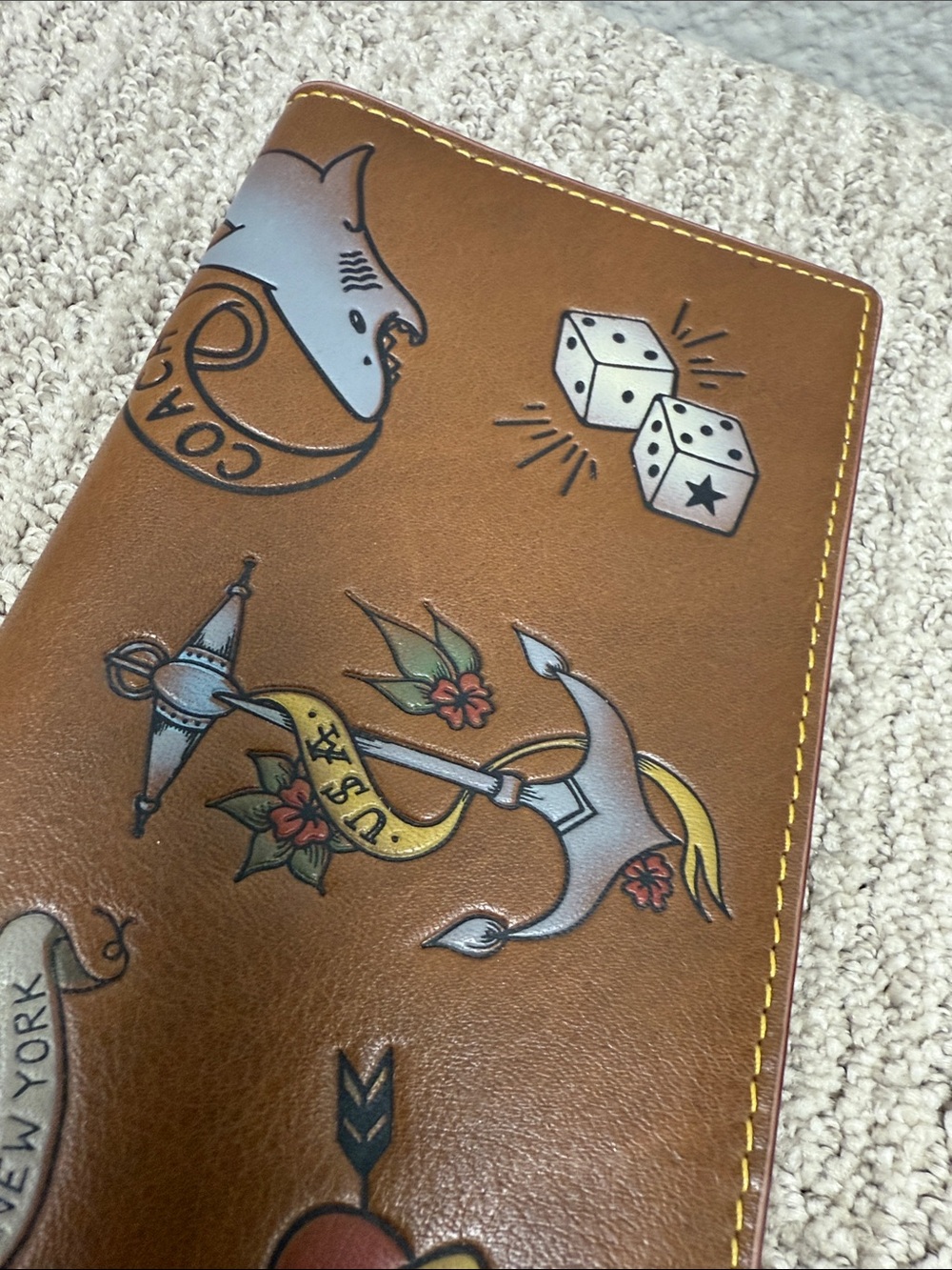 Coach Brown Leather Tattoo-Print Long Long Pocket Wallet with Yellow Stitching - Picture 3 of 12